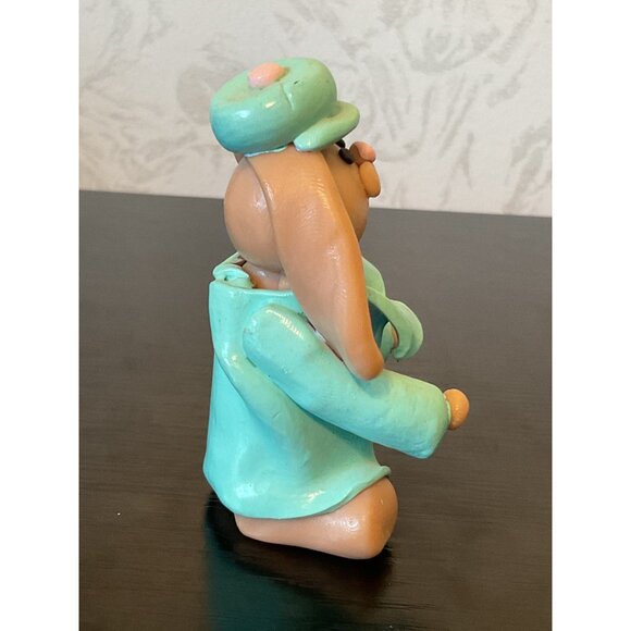 Handmade Clay Bunny Figurine With Hat & Coat 3" Easter Decor - Picture 2 of 6